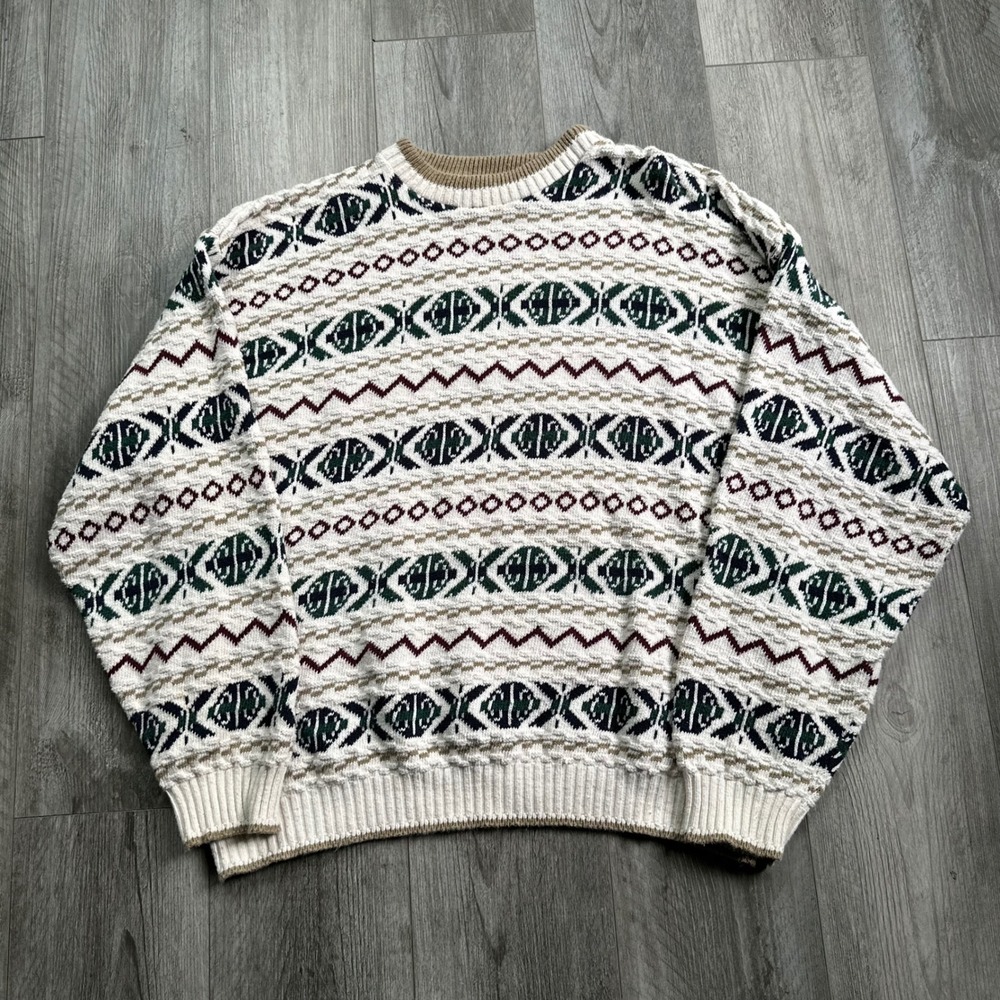 90s VTG NorthCrest Mens XL Knit Sweater Cream Geometric 3D Pattern Made in USA